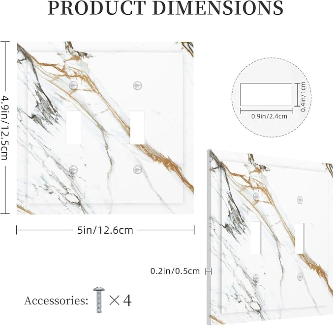 White Gold Marble Modern Abstract Luxury Print Decorative Switch Plates 2 Gang Double Toggle Outlet Light Switch Cover Wall Plate Electrical Faceplate for Bathroom Kitchen Decor