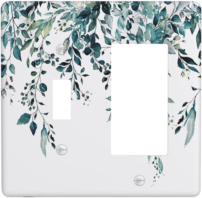 Decorative Outlet Covers Green Eucalyptus Boho Olive Leaves Country 2 Gang 1 Gang Wall Plate Single Toggle Rocker Combination Light Switch Covers Plate Jumbo Switch Plate Cover