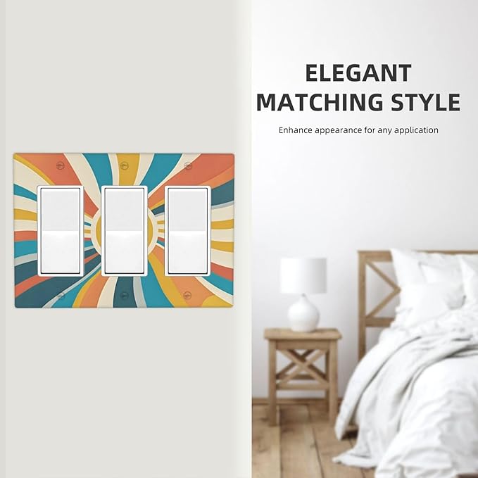 Decorative Light Switch Plate with Retro Mid-Century Modern Sunburst Motif Design 3 Gang Outlet Covers Triple Rocker Wall Plate Switch Plate Cover for Abstract Teal/Yellow/Orange Wall Decor
