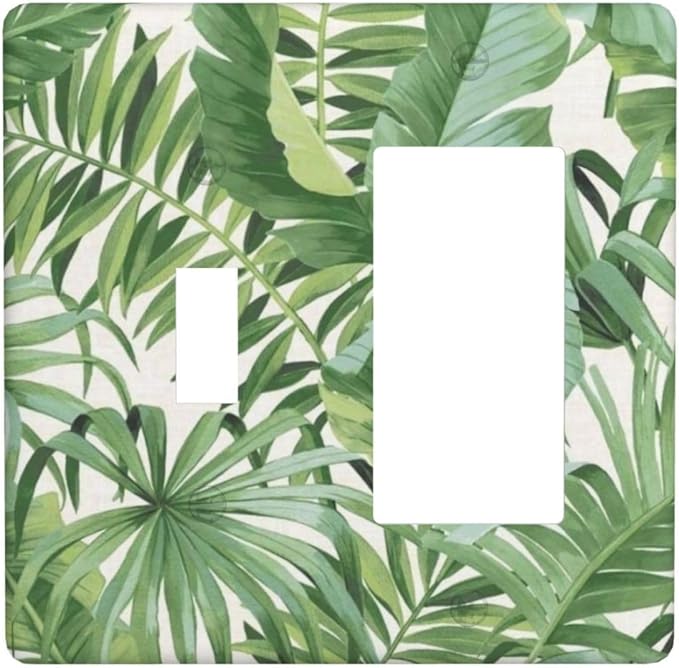 2 Gang Combination 1-Toggle 1-Rocker GFCI/Decorator Outlet Light Switch Cover Green Summer Tropical Forest Banana Palm Tree Leaf Plant Nature Decorative Combo Two Dual Device Receptacle Wall Plate