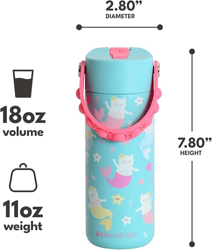 Elemental 100% Leak Proof When Spout is Closed Insulated Kids Water Bottle, Stainless Steel Bottle for School with Straw Lid & Pop-It Handle, Unicorn Magic & Meowmaid - 18oz (2 Pack)