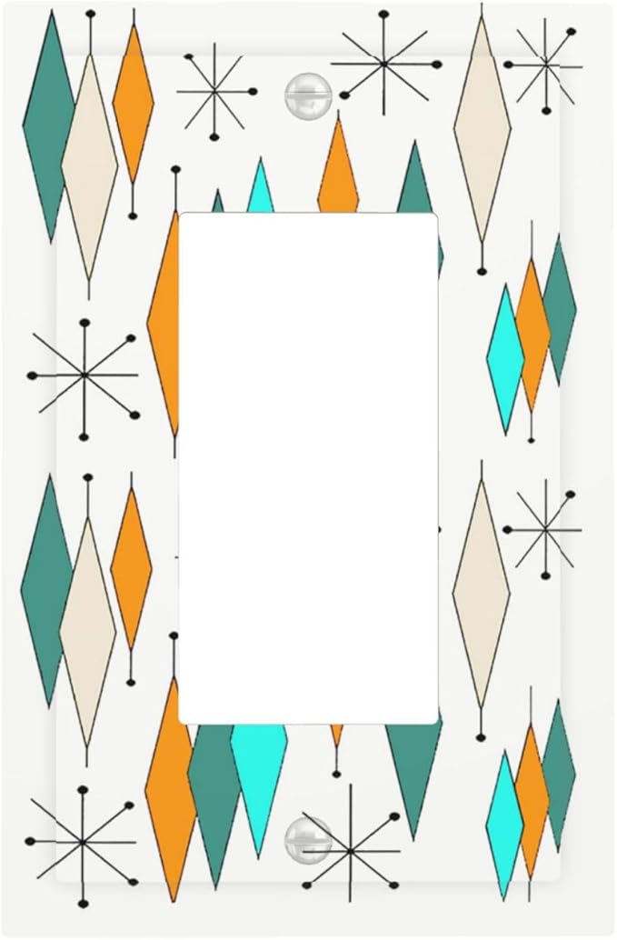 Modern Mid Century Geometric Abstract 1-Gang Decorator Rocker Outlet Light Switch Cover Retro Funny 1960S Diamond Atomic Art Decorative Single Device GFCI Receptacle Switch Wall Plate Dimmer Mid Size
