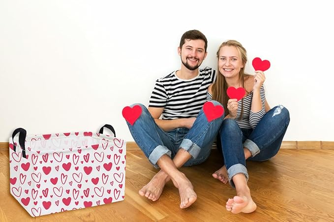 Essme Rectangular Valentine's Day Basket,Pink Heart Storage Bins Organizer with Handles for Girls Room Decor, Gift Basket,Shelf Basket.(Pink Valentine's Day)