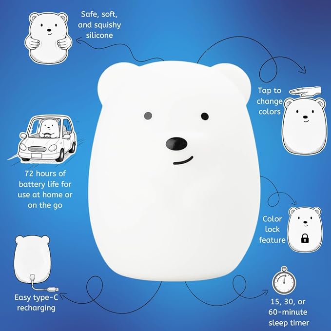 Lumipets Benny The Bear Squishy Silicone Night Light for Kids | Cute Night Light with Remote & Touch Control for Girls & Boys | 9 Color Changing Soft Portable Animal Lamp Comes with USB Cord
