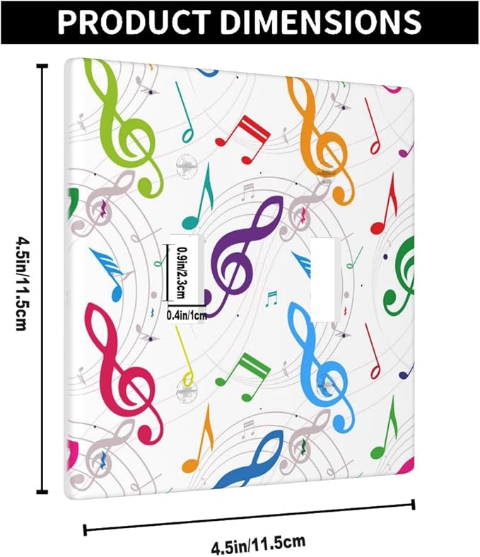 Colored Music Notes Double Toggle Light Switch Cover, Music Theme Artistic 2-Gang Wall Plate for Music Room Studio Home Bedroom Decor