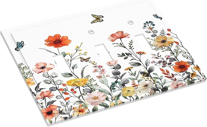 Colorful Butterfly Blossom Flower Floral 3 Gang Light Switch Plate Decorative Triple Toggle Wall Plate Cover Electrical Faceplate Switch Face Plate