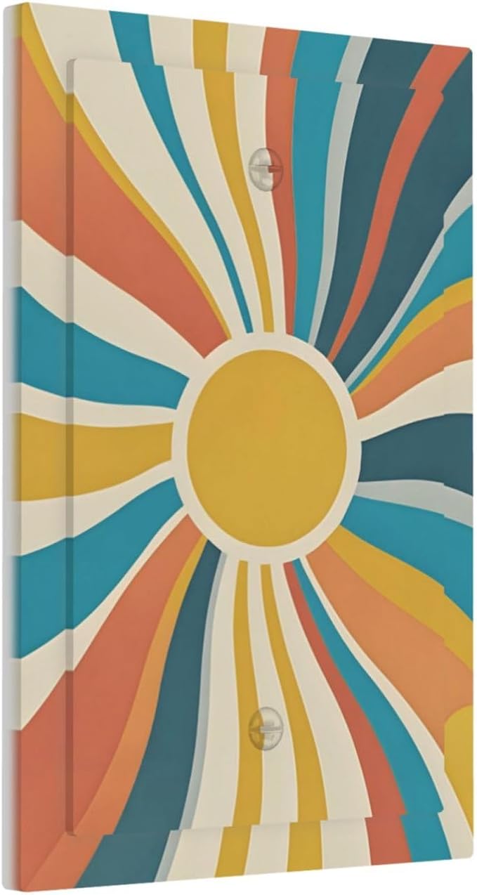 Decorative Blank Wall Plate with Retro Mid-Century Modern Sunburst Motif Design Single Gang No Device Outlet Covers 1 Gang Light Switch Covers for Abstract Teal/Yellow/Orange Wall Decor