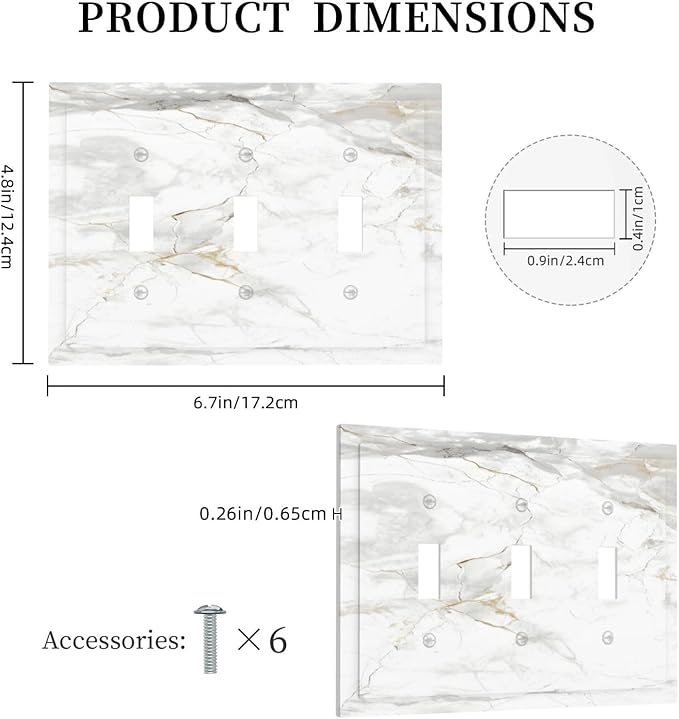 White Marbling Golden Stream Lines Print Decorative Switch Plates 3 Gang Wall Plate Triple Toggle Light Switch Cover Faceplate Electrical Wall Panels for Bathroom Kitchen Decor