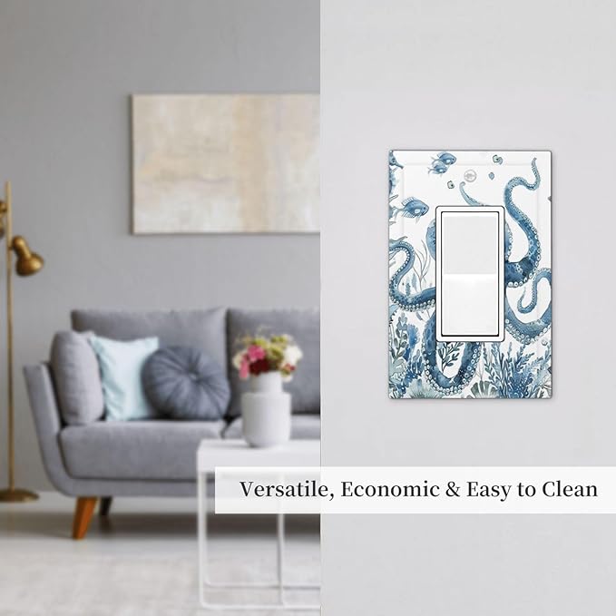 Blue Octopus Squid Seahorse Coral Watercolor Wild Sealife Decorative Outlet Covers 1 Gang Single Rocker Light Switch Cover Plate Wall Plates GFCI Faceplate for Bathroom Kids Room Decor