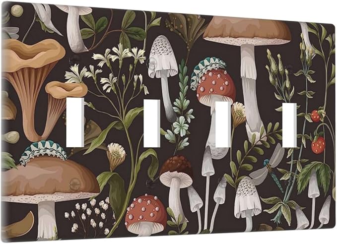 Vintage Boho Hippie Plant Mushroom 4 Gang Device Light Switch Cover Decorative Quad Toggle Wall Plate Decorative Electrical Faceplate for Home Bedroom Art Decorate