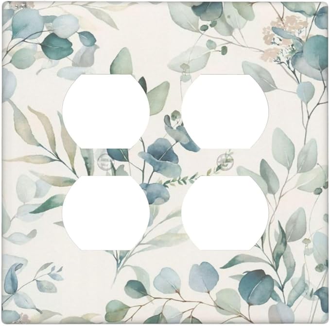 Boho Green White Eucalyptus Leaf Floral Outlet Covers 2 Gang Double Duplex Decorative Light Switch Covers Electrical Wallplates Socket Faceplate for Farmhouse Living Room Decor