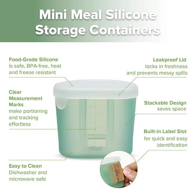 haakaa Mini Meal Silicone Storage Containers,3 oz Silicone Baby Food Containers with Airtight Lids,Reusable Baby Food Jars for Purees, Fruits & Snacks-Microwave & Dishwasher Safe,6 Pack,Pea Green