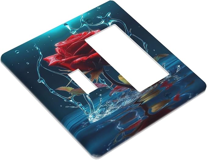 Red Rose Blue Water Drips 2 Gang Single Toggle Rocker Combination Light Switch Cover Decorative Wall Plate Cover Electrical Faceplate for Kidroom Bathroom Bedroom Kitchen Decorate