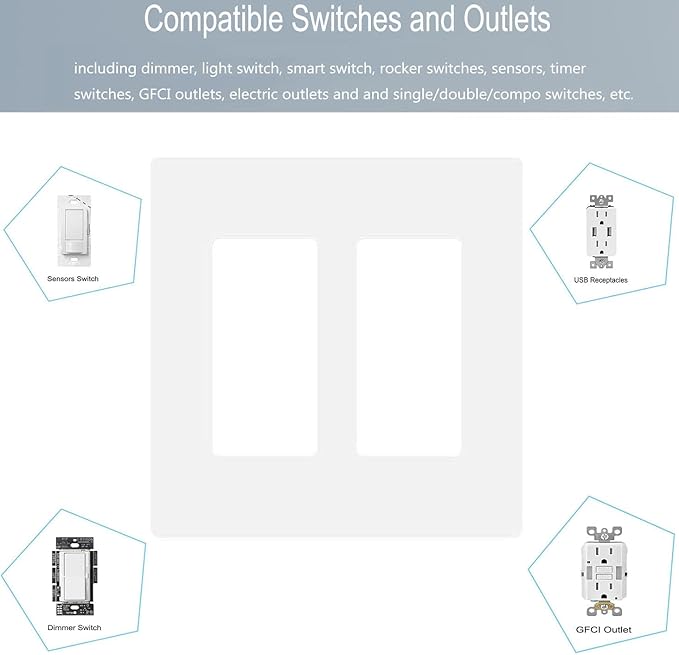 2-Gang Screwless Decorator Wall Plate Cover Double Switch Outlet Electrical Faceplate for Light Switch, Smart Switch, Receptacle, Dimmers, USB Outlet, GFCI, Child Safe Cover Plate, White (4-Pack)