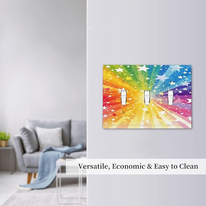 Light Switch Cover Plate Rainbowcolored Rays With White Stars 3 Gang Triple Toggle Decorative Switch Plates Wall Plates Electrical Switchplate Faceplate for Nursery Home Decor