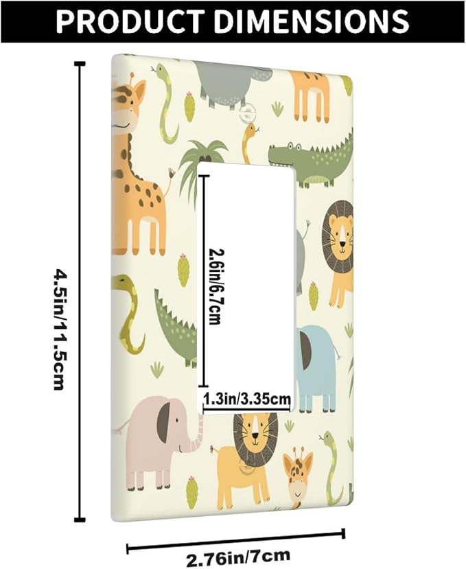 Cartoon Animal Single Rocker Light Switch Cover Plate Cute Hippo Crocodile Lion Elephant And Giraffe Funny Wildlife Wall Plate 1-Gang Rocker Plug Outlet Cover for Boys Girls