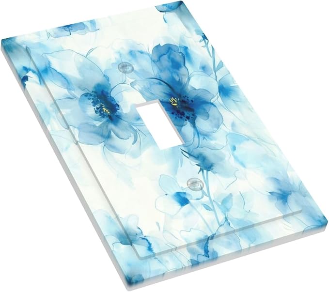 Watercolor Flower Blue White Large Floral Leaf Plants Decorative Light Switch Cover 1 Gang Single Toggle Device Electrical Faceplate Switchplates Decorator Outlet Wall Plate for Bedroom Living Room