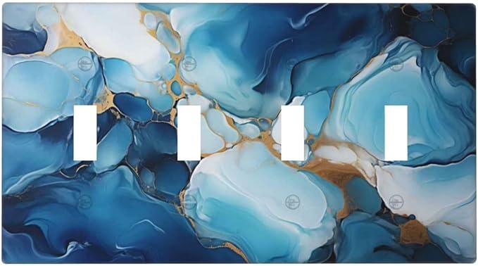 Decorative Light Switch Plate Covers Artistic Abstract Blue Marble Gold Line Painted 4 Gang Wall Plate Switch Cover Plate Quad Toggle Jumbo Electrical Faceplate for Kitchen Decor
