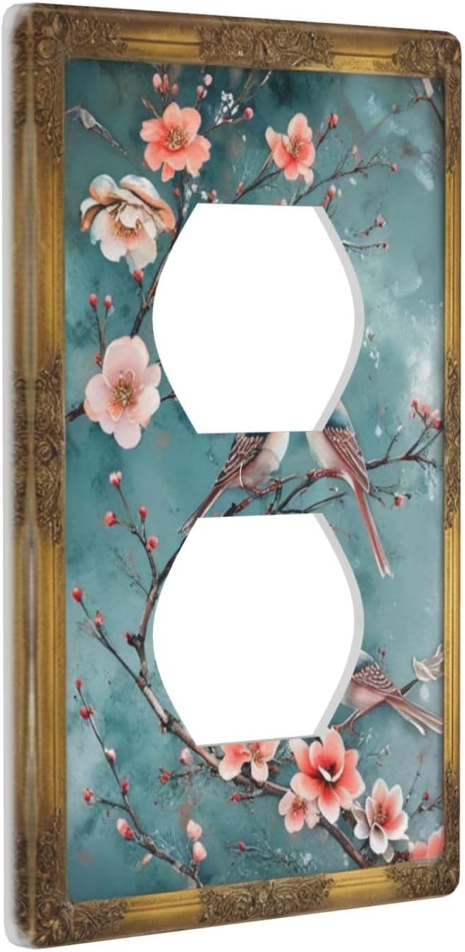 Decorative Art Light Switch Covers Vintage Chinoiserie Oriental - Teal Birds and Floral Branch 1 Gang Single Duplex Outlet Wall Plate Switchplate Electrical Faceplate for Home Decor