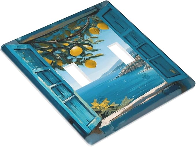 Decorative Art Light Switch Covers Seaside Window with Lemons 2 Gang Double Toggle Wall Plate Decorative Switchcover Electrical Switchplate for Home Decor