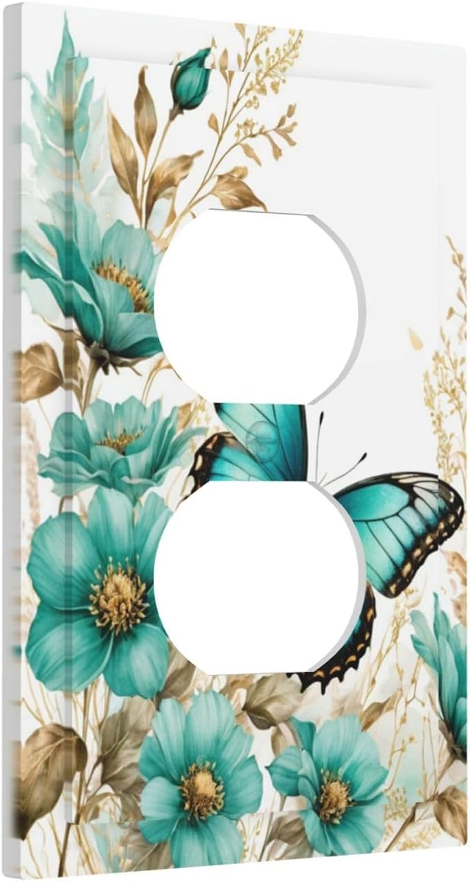 Decorative Outlet Covers Butterfly on Blue Daisy Flower Floral Golden Leaf 1 Gang Duplex Light Switch Cover Plate Wall Plates for Electrical Outlets Electrical Switchplate Face Plate