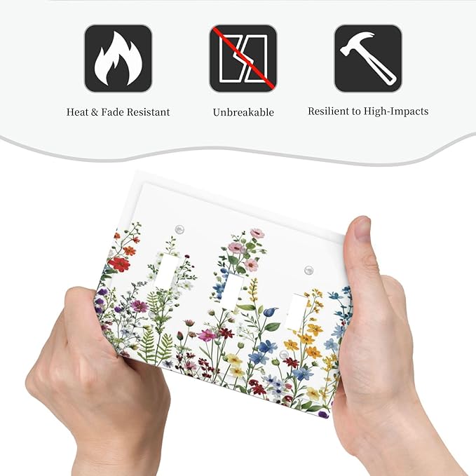 Light Switch Cover Plate Colorful Wildflowers Plants Flowers on White Background 3 Gang Switch Plate Covers Triple Toggle Decorative Wall Plates Electrical Faceplate for Bathroom Home Decor