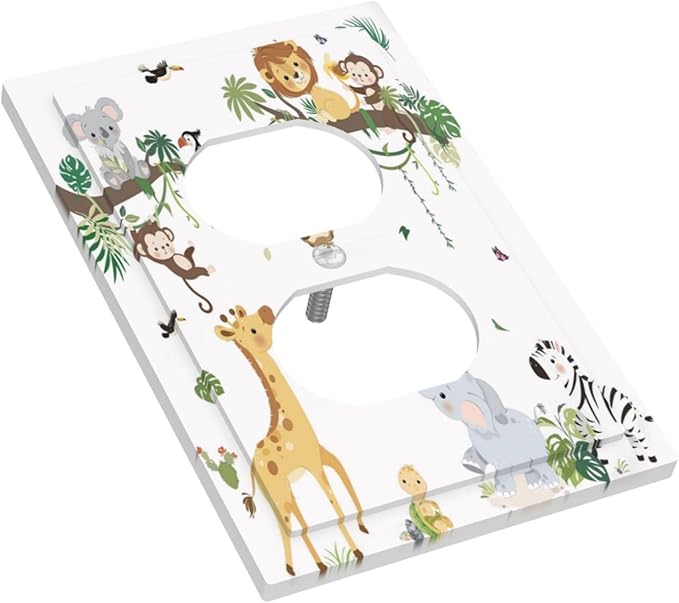 Jungle Animals Tree Branch Monkey Giraffe Lion Elephant Outlet Covers 1 Gang Duplex Light Switch Cover Decorative Switch Plates Electrical Receptacle Faceplate Wall Plate for Kids Room Nursery Decor