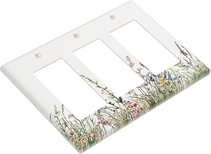 Light Switch Covers Boho Wildflower Green Leaves Rustic Floral Botanical 3 Gang Rocker Electrical GFCI Decorative Triple Outlet Wall Plate Cover Switchplate for Bedroom living Room Decor
