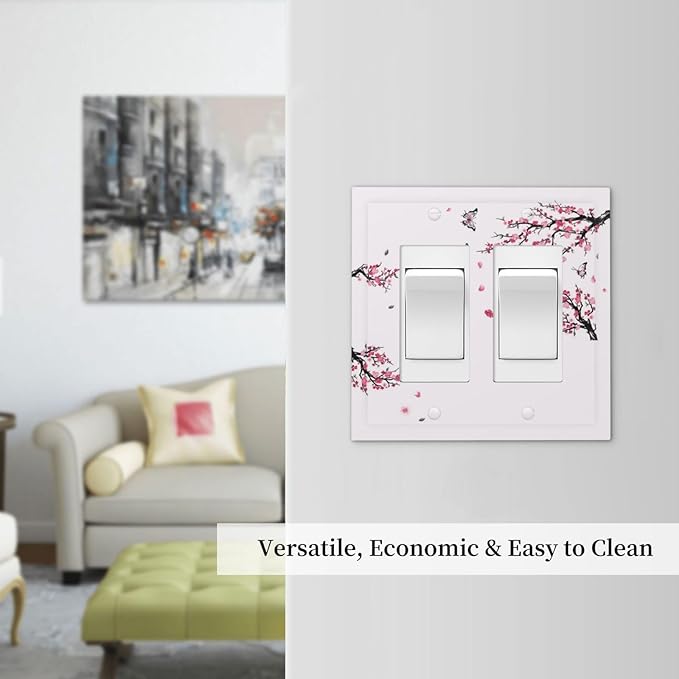 Pink Watercolor Cherry Blossom Flowe Tree Branch Floral Decorative Outlet Covers 2 Gang Double GFCI Rocker Electrical Wall Panels Light Switch Cover Plate for Bedroom Living Room Decor