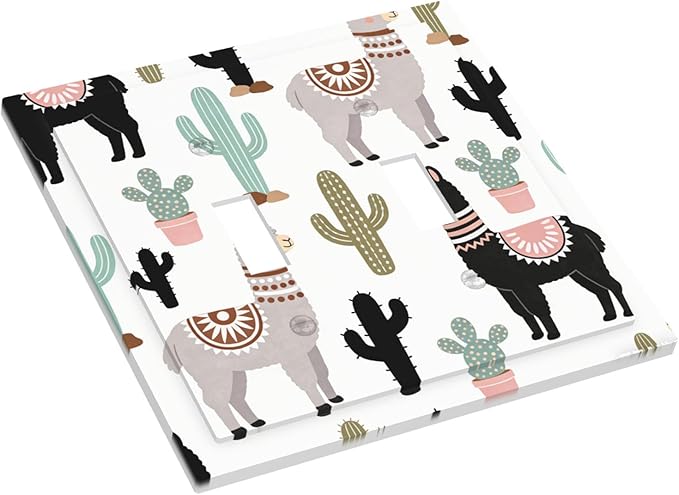 Playful Llamas & Cactuses Desert Pattern Double Toggle Switch Cover - 2-Gang Standard US Size Bohemian Desert Animals Light Switch Covers for Boys & Girls Bedroom Playroom Decor