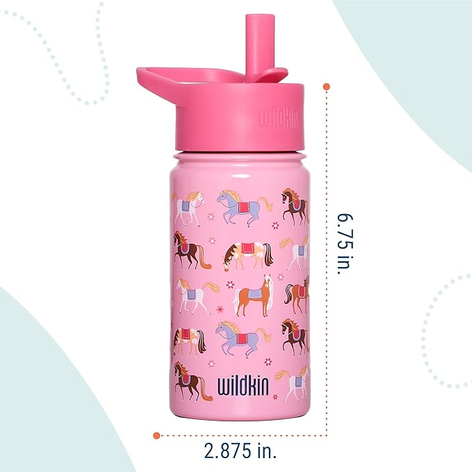 Wildkin Kids 14oz Stainless Steel Water Bottle – BPA-Free, Leakproof, Insulated, Easy-Clean - Horses