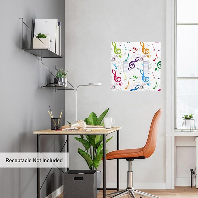 Colored Music Notes Double Toggle Light Switch Cover, Music Theme Artistic 2-Gang Wall Plate for Music Room Studio Home Bedroom Decor