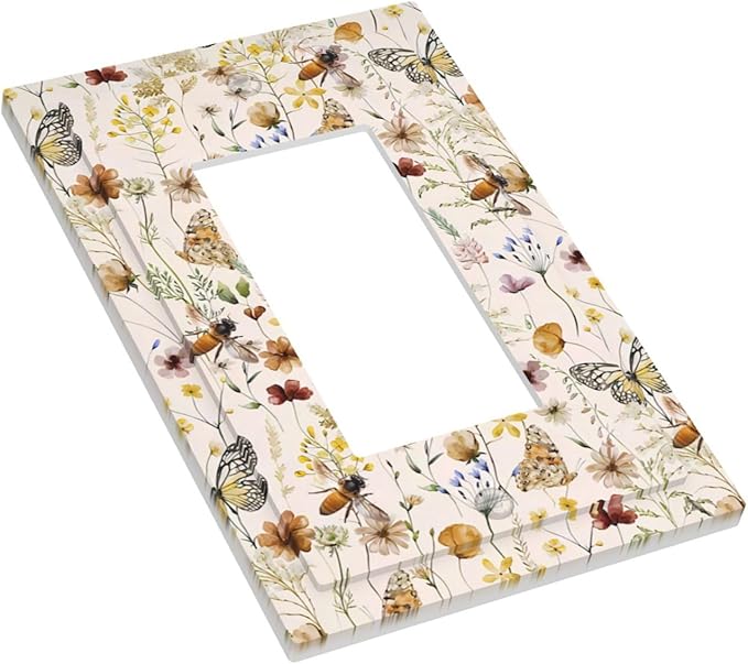 Vintage Butterflies Single Rocker Outlet Wall Plates Colorful Wildflower 1 Gang Light Switch Cover Decorative Cute Bees Electrical GFCI Switchplate Beige Flower Leaves Dimmer Decor for Bedroom Kidroom