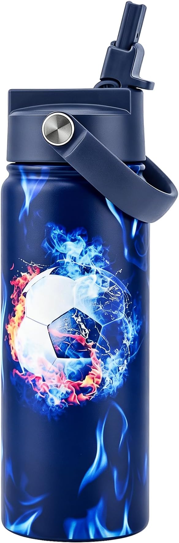 KEWIXY 18 oz Boys Water Bottle with Straw, Easy Slide Lid, Leak Proof, Keep Cold 24H, Vacuum Insulated Tumbler, Metal Stainless Steel with Handle for School & Sport, Soccer