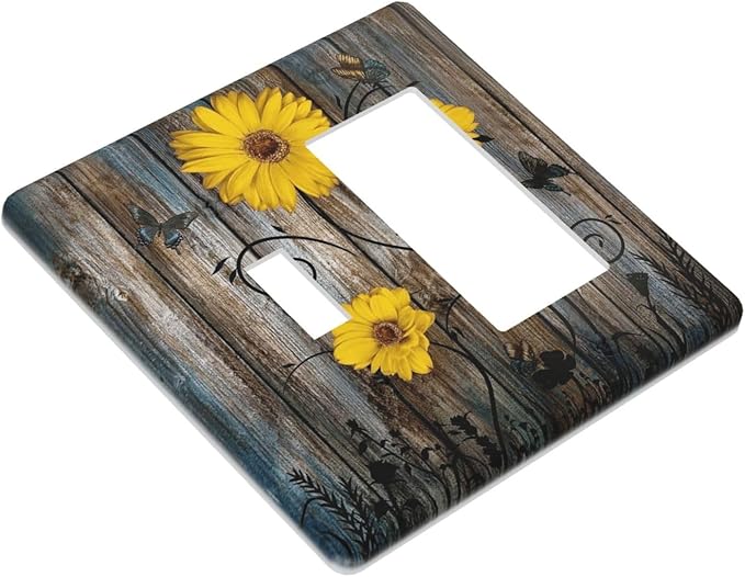 Rustic Barn Sunflower Wooden Daisy Flower Plank Outlet Covers 1 Toggle 1 Rocker Combination Decorative Wall Plate Electrical Switch Plates Light Switch Cover Plate for Farmhouse Home Decor