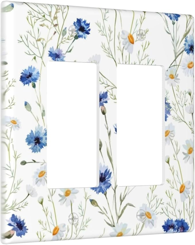 Decorative Outlet Covers Watercolor Daisy Blue Floral Vintage Plant 2 Gang Double Rocker Light Switch Cover Decorative Switch plates Electrical Wallplate GFCI Receptacle for Bedroom Home Decor