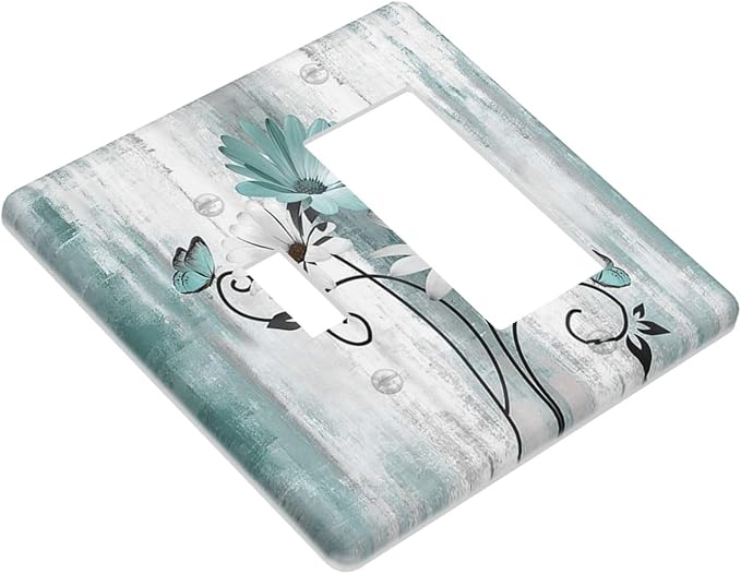 Teal Daisy Vintage Flower Butterfly Rustic Wood Print Outlet Covers 1 Toggle 1 Rocker Combination Decorative Wall Plate Electrical Switch Plates Light Switch Cover Plate for Farmhouse Home Decor