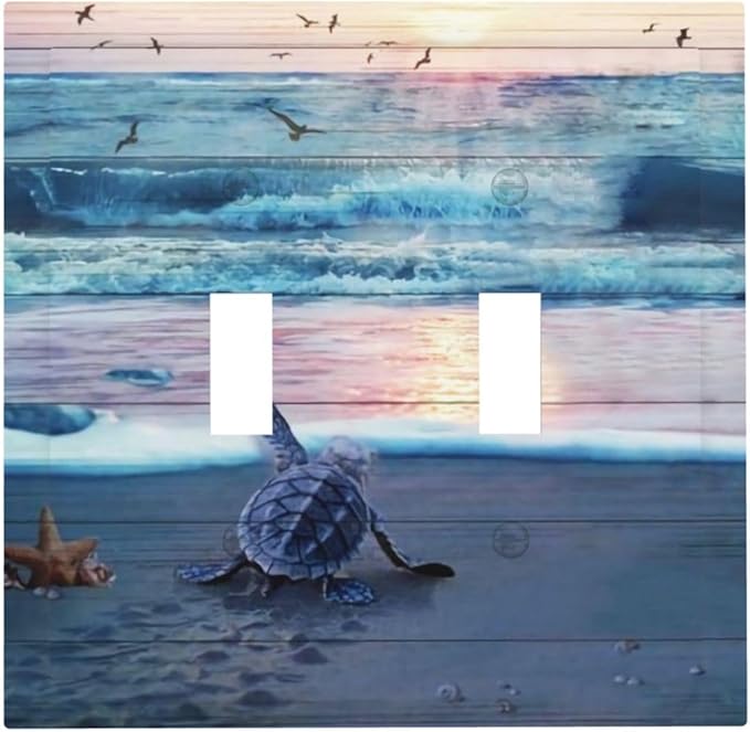 Nautical Sea Beach Navy Blue Turtle Seashells Starfish Ocean Coastal Seascape Marine Decorative 2-Gang Double Toggle Outlet Light Switch Wall Plate Electrical Receptacle Faceplate Cover Jumbo Size