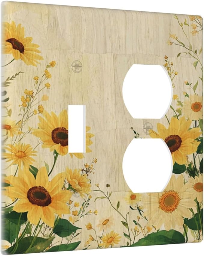 Decorative Switch Cover Plate with Vintage Botanical Sunflower Field Design Toggle Duplex Wall Plate 2 Gang Light Switch Cover Outlet Covers for Nature Yellow Blooms Wall Decor