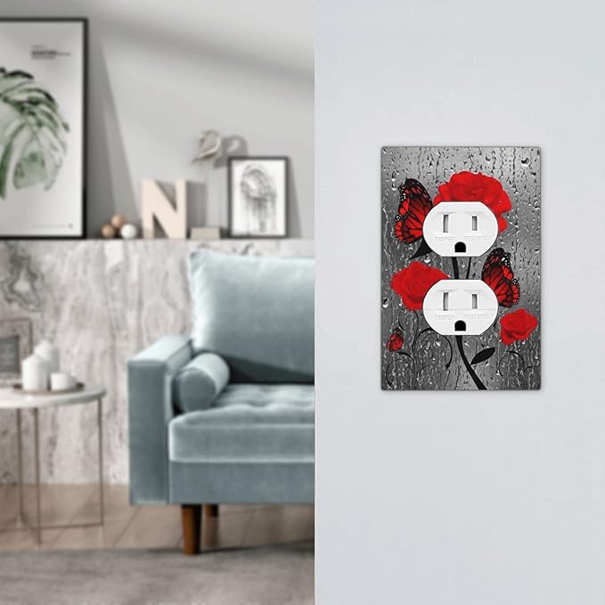 Red Rose Valentine's Day 1 Gang Outlet Covers Duplex Receptacle Wall Plate Decorative Electrical Faceplate Switchplates Red Rose Flower Butterfly Painted Girls Bedroom Decorate 5" x 3 Large Size