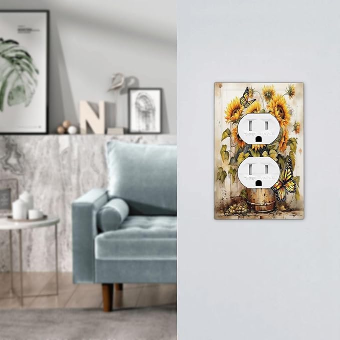 Outlet Covers Rustic Vintage Sunflower Bouquet Butterfly 1 Gang Duplex Electrical Receptacle Faceplate Light Switch Cover Wall Plate Decorative Switch Plates for Farmhouse Cabin Decor