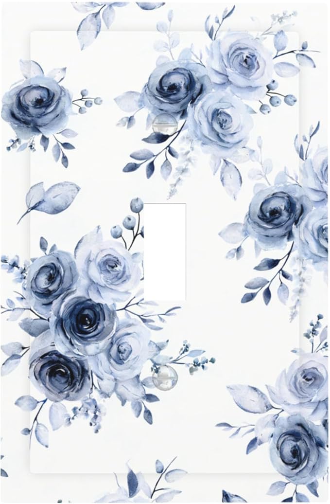 Watercolor Blue Roses 1-Gang Toggle Light Switch Plate, Serene Floral French Country Vintage Bouquet Decorative Wall Plate for Farmhouse Homes