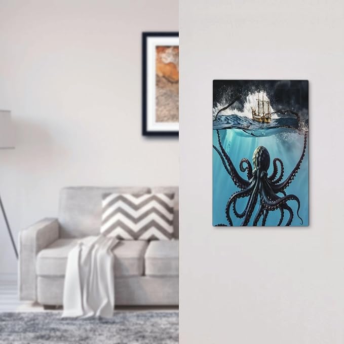 Light Switch Cover Plate Black Ocean Nautical Octopus Ship Funny Kraken Wall Plates 1 Gang Blank No Device Outlet Covers Decorative Electrical Switchplate for Bathroom Home Decor