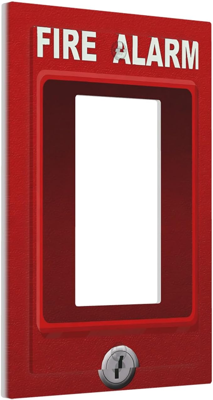 Novelty Fire Alarm Prank Single Rocker Switch Cover - 1-Gang Standard US Size Fire Station Themed Light Switch Covers for Game Room Decor