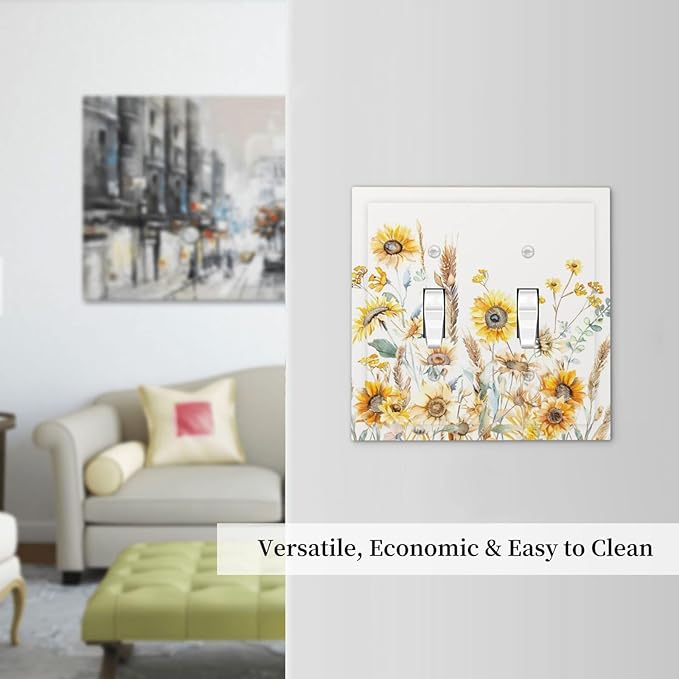 Yellow Floral Sunflowers Wheat Ears Watercolor Wild Flowers Decorative Switch Plates 2 Gang Double Toggle Outlet Light Switch Cover Wall Plate Electrical Faceplate for Bedroom Living Room Decor