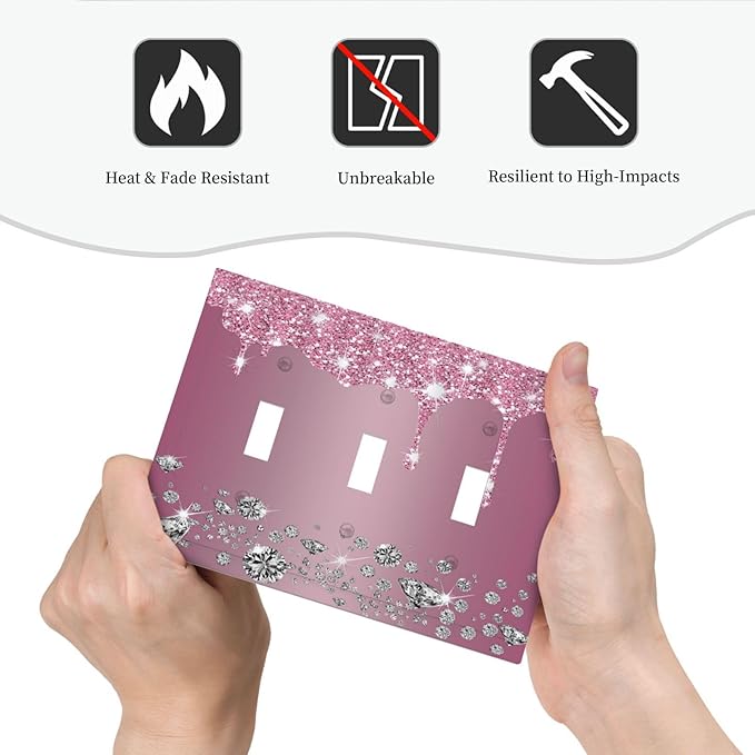 Sparkling Diamonds Pink Silver Glitter Drops Print 3 Gang Light Switch Covers Decorative Unique Triple Toggle Wall Plate Electrical Faceplate Switchplate for Bathroom Bedroom Home Decor