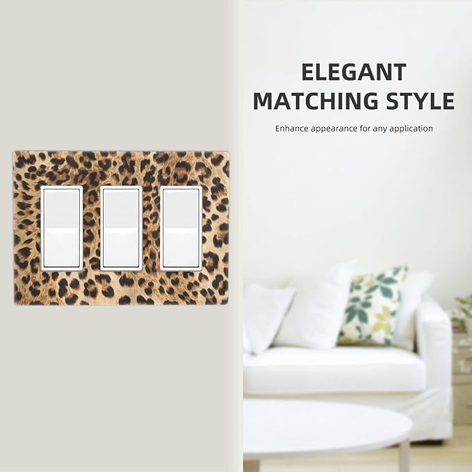 Classic Leopard Cheetah 3 Gang Triple Rocker/Decor Light Switch Wall Plate Cover Decorative Electrical Faceplate For Girls Boys Home Bedroom Decorate Large Size 6.57" x 4.65