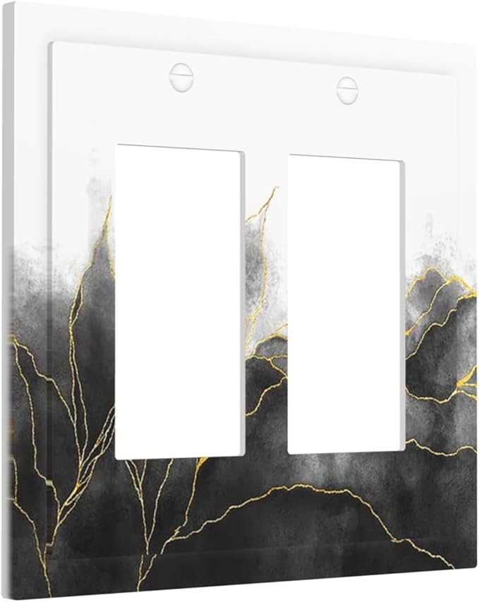 Decorative Outlet Covers Black And Gold Marble White Golden Leaves 2 Gang Double GFCI Rocker Electrical Wall Panels Light Switch Cover Plate for Bedroom living Room Decor