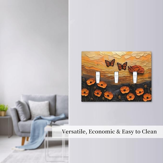 Oil Painting Flower Sunset Butterfly Vintage Rustic Floral Decorative Switch Plates 3 Gang Wall Plate Triple Toggle Light Switch Cover Faceplate Electrical Wall Panels for Bedroom Living Room Decor