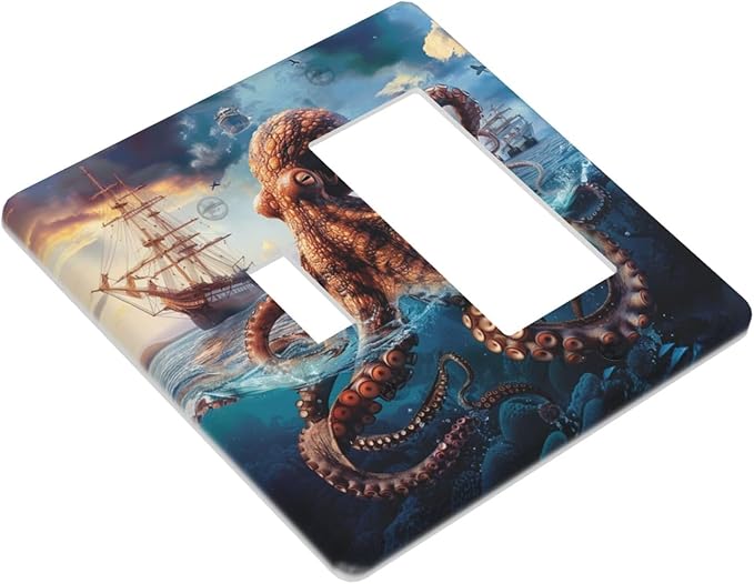 Outlet Covers Deep Ocean Octopus Sailboat Sea Monster 2 Gang Combo Light Switch Cover Plate Toggle Rocker Wallplates Decorative Switch Plates and Outlet Covers for Bathroom Bedroom Decor